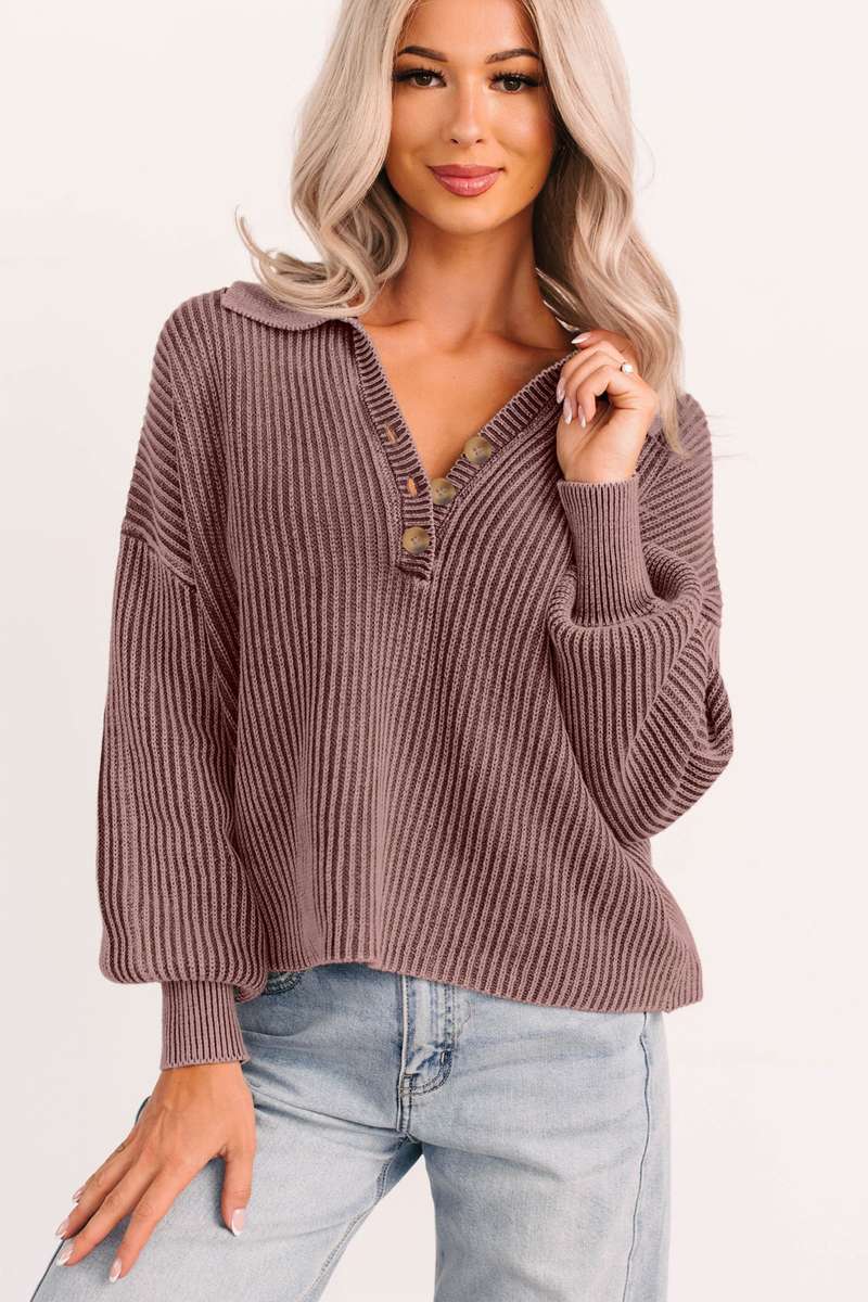 Dark Brown Mineral Washed Knit Button Polo Collar Loose Sweater