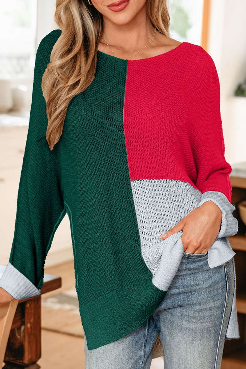 Evergreen Color Block Knit V Neck Loose Sweater