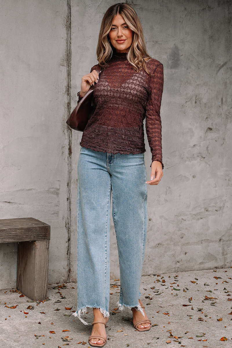 Coffee Sheer Mesh Patterned Lettuce Trim Slim Long Sleeve Top