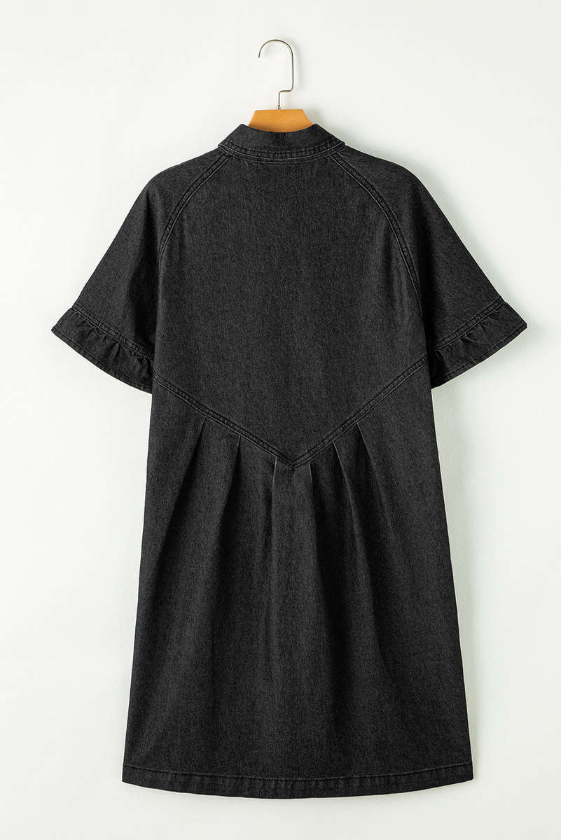 Black Frilled Short Sleeve Button Up Loose Denim Shirt Dress