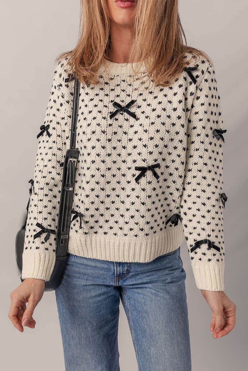 Beige Bow Decor Color Contrast Ribbed Edge Crew Neck Sweater