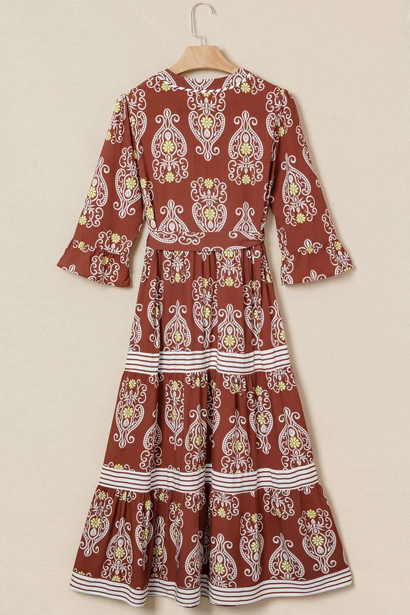 Brown Floral Print Belted Striped Trim Tiered Maxi Dress