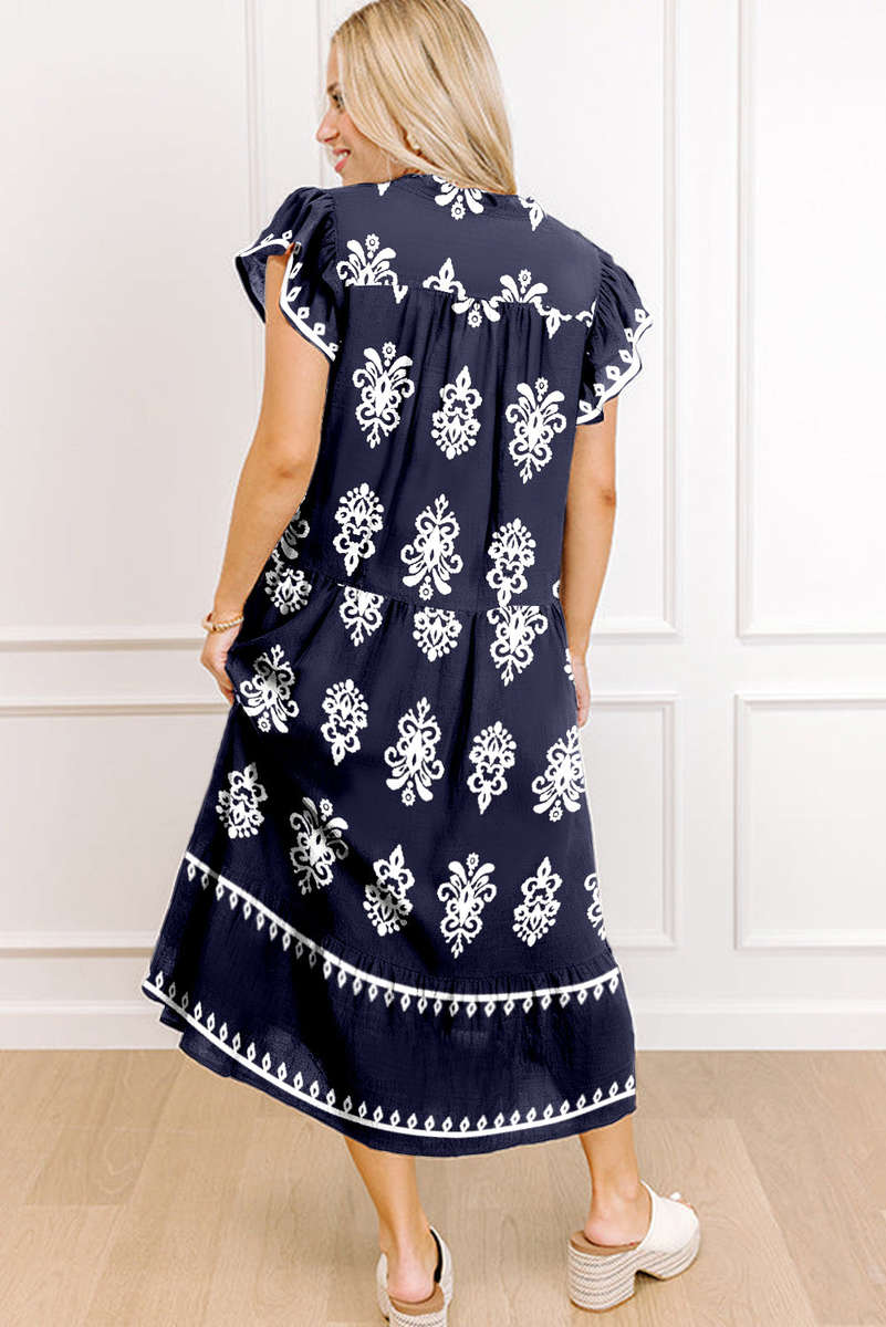 Blue Western Ethnic Print Notched Neck Short Sleeve Midi Dress