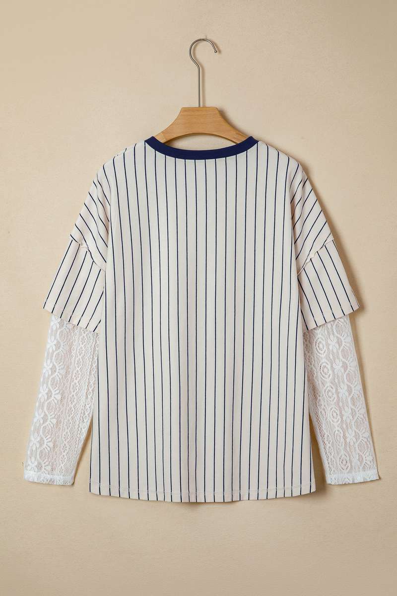 Blue Stripe 88 LOS ANGEL Graphic Lace Patchwork Faux Two Piece V Neck Top