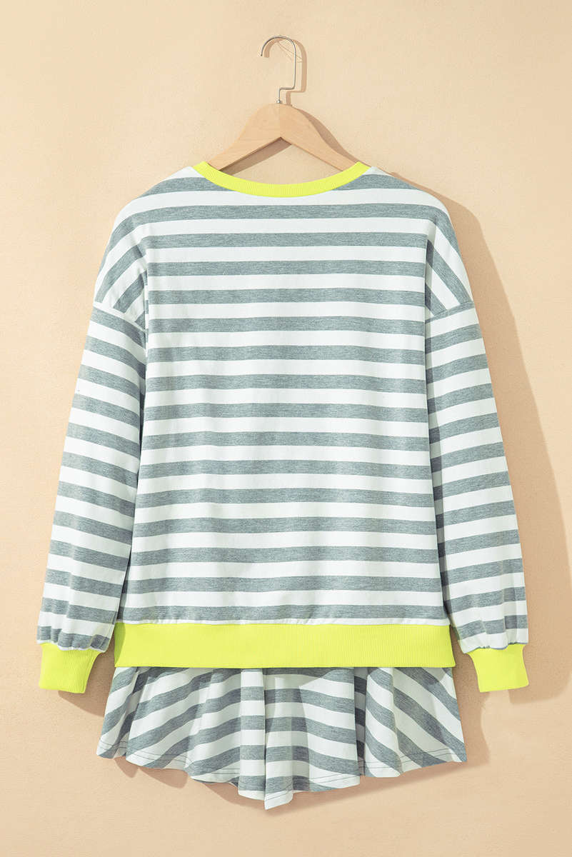 Gray Stripe Contrast Ribbed Banding Long Sleeve Blouse Loose Shorts Set
