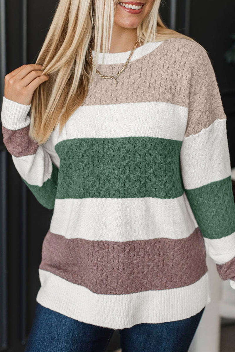 Green Mixed Texture Knit Striped Color Block Loose Sweater