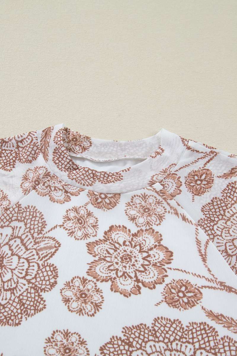 Brown Thumbhole Long Sleeve Floral Print Mesh Top