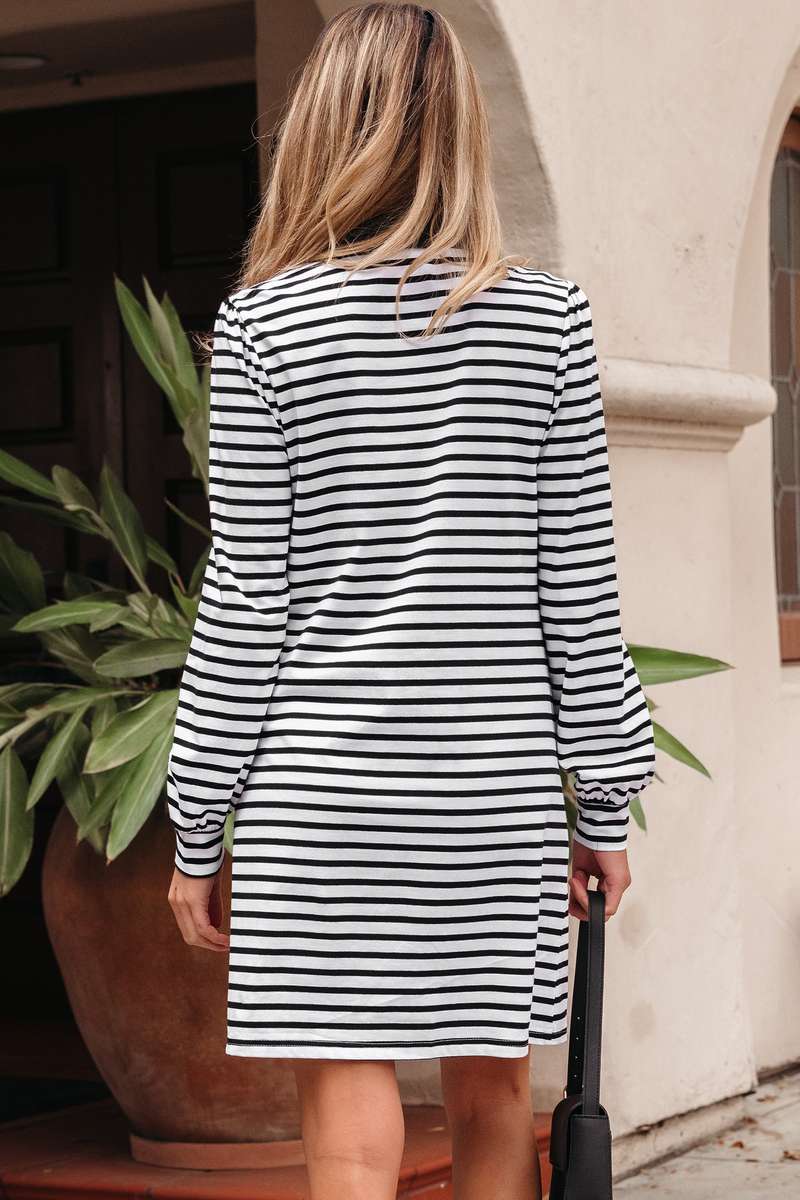 White Stripe Buttoned Front Collared Long Sleeve T Shirt Dress with Pockets
