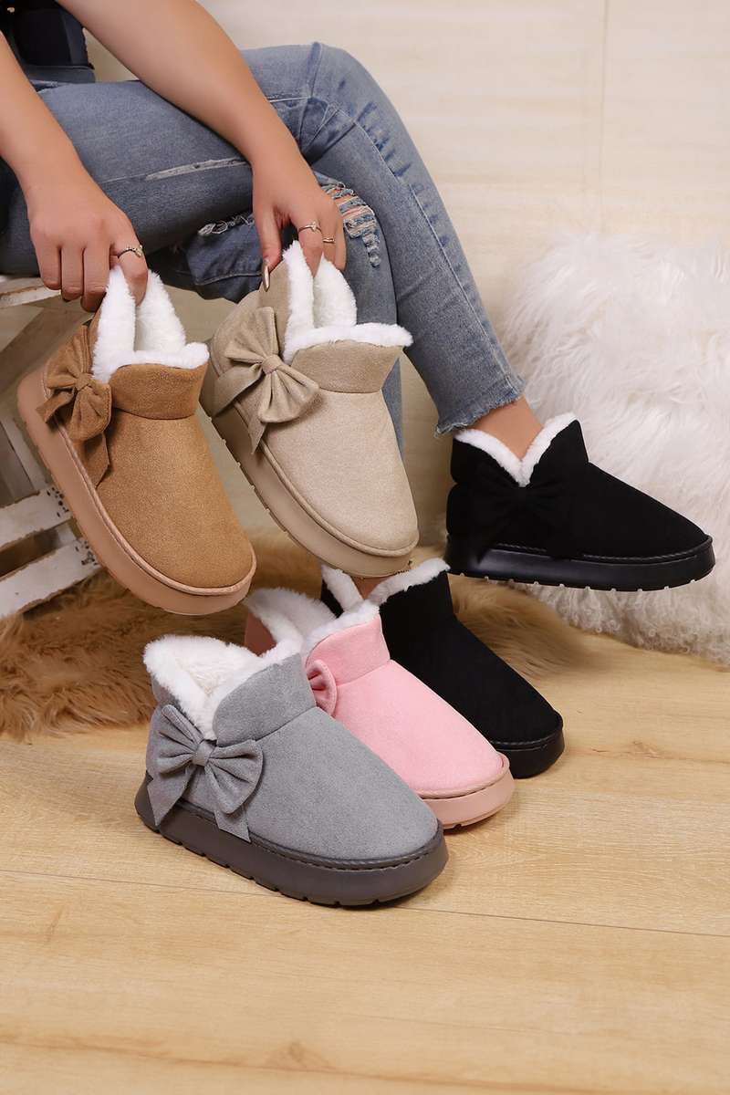 Brown Faux Suede Bow Decor Plush Lining Snow Booties