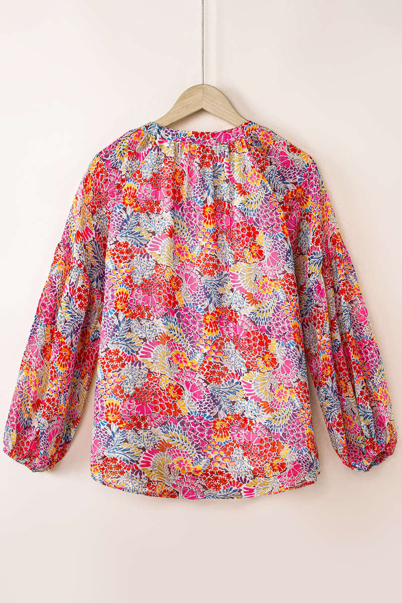 Fiery Red White Floral Print V Neck Long Puff Sleeve Top