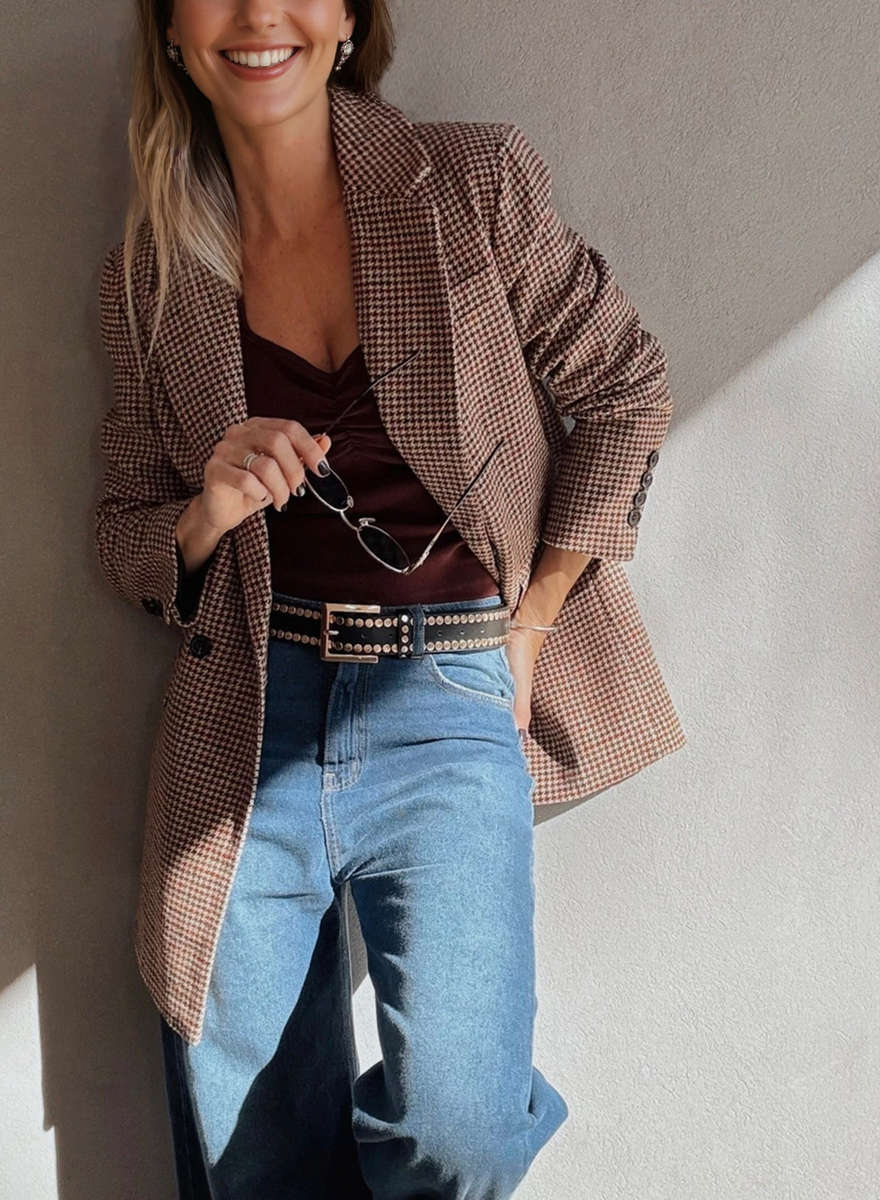 Brown Houndstooth Lapel Collar Blazer