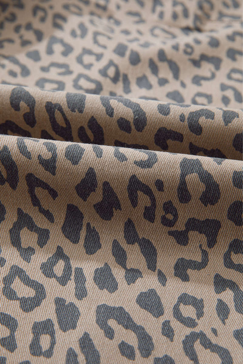 Khaki Leopard Printed Drawstring Elastic Waistband Pocketed Wide Leg Jeans