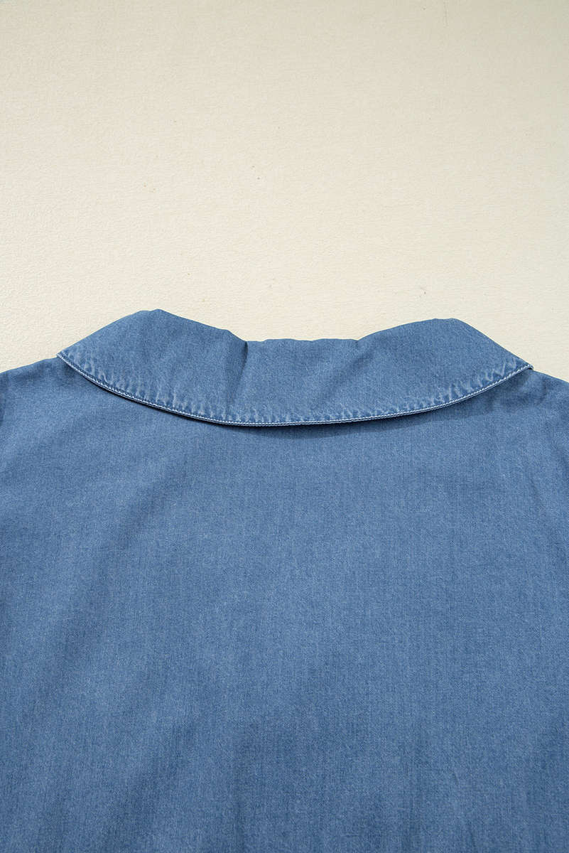 Dusk Blue Denim Lapel Neck Balloon Sleeve Tied Peplum Top