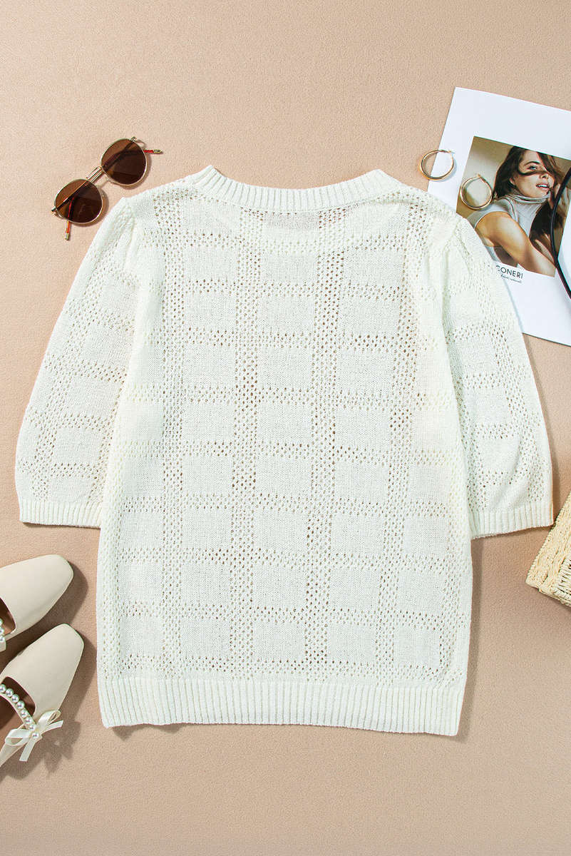 White Plaid Pattern Crochet Knit Short Sleeve Sweater