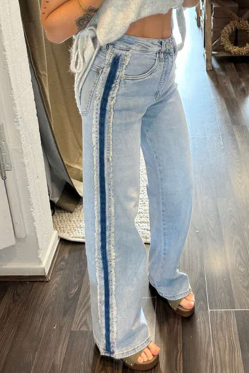 Beau Blue Contrast Stripe Frayed Side Panel Patchwork Shift Jeans
