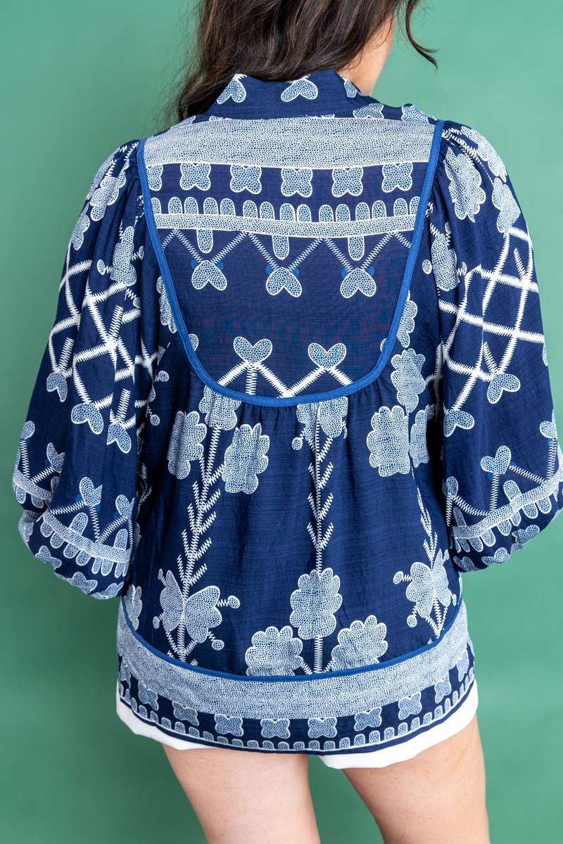 Blue Plus Size Floral Printed Notched Neck Long Sleeve Blouse