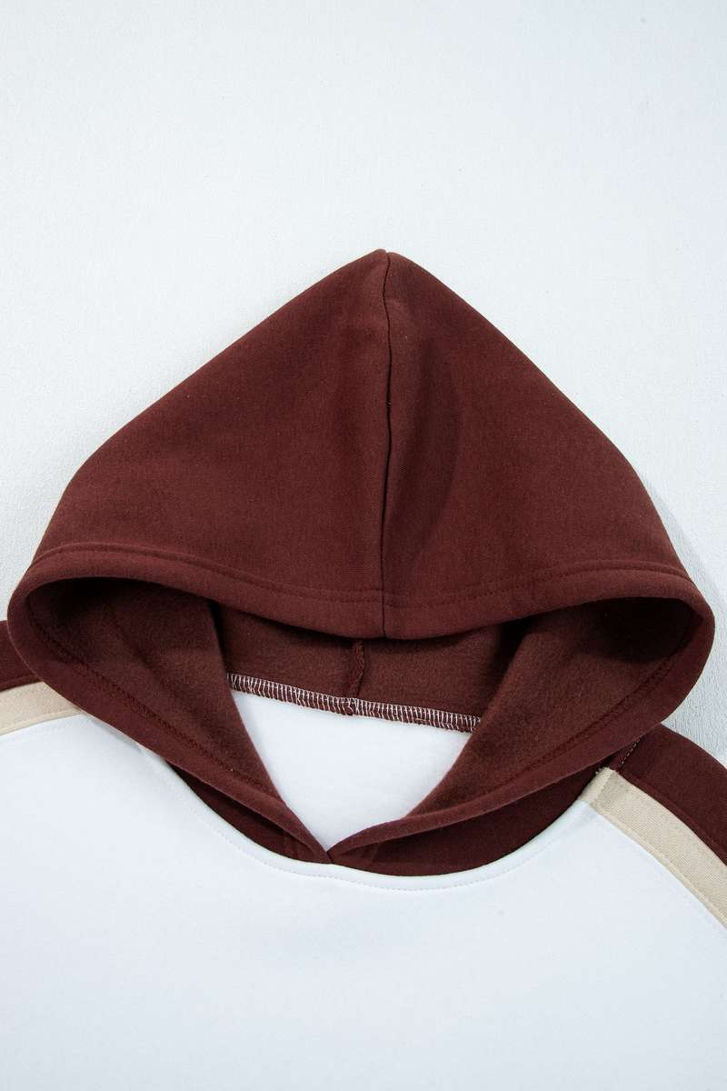 Coffee Color Block Patchwork Athleisure Hooded Sweatshirt