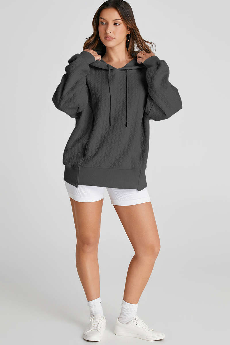 Gray Cable Textured Baggy Solid Hoodie