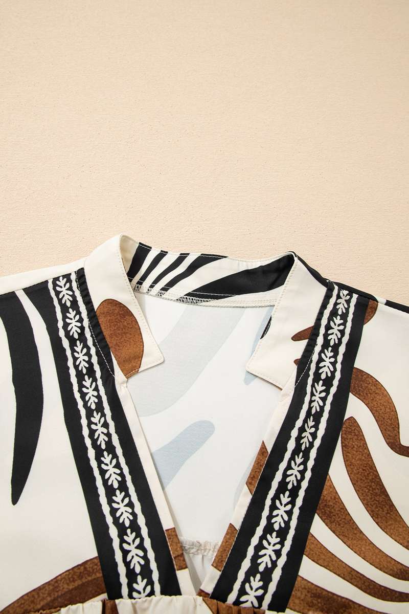 Brown Abstract Print Puff Sleeve Loose Blouse