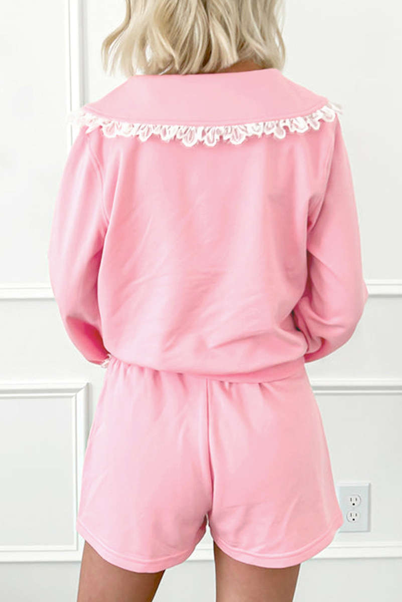 Pink Peter Pan Lace Embellished Neck Collision Sweatshirt and Skirt Two Piece Set