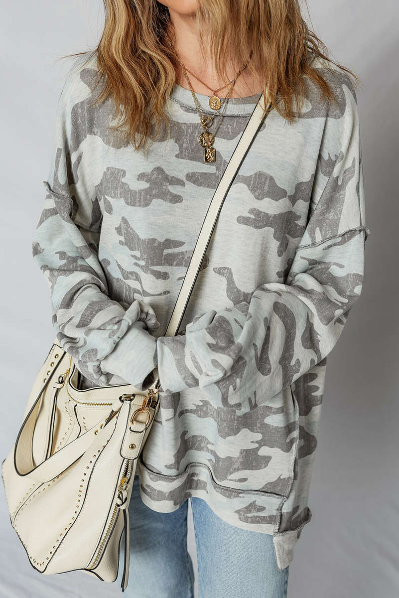 Dearlove Multicolour Retro Camouflage Print Exposed Seam Patchwork Drop Shoulder Sweatshirt