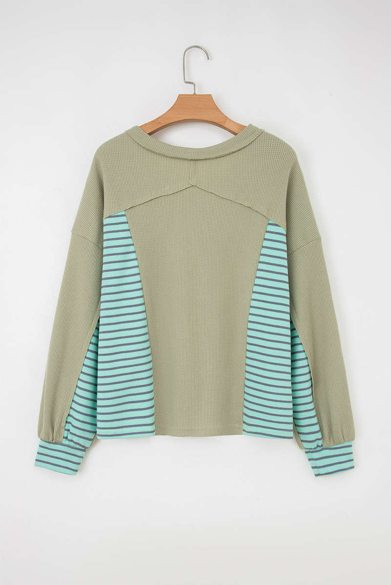 Meadow Mist Green Exposed Seam Waffle Striped Patchwork Baggy Pullover