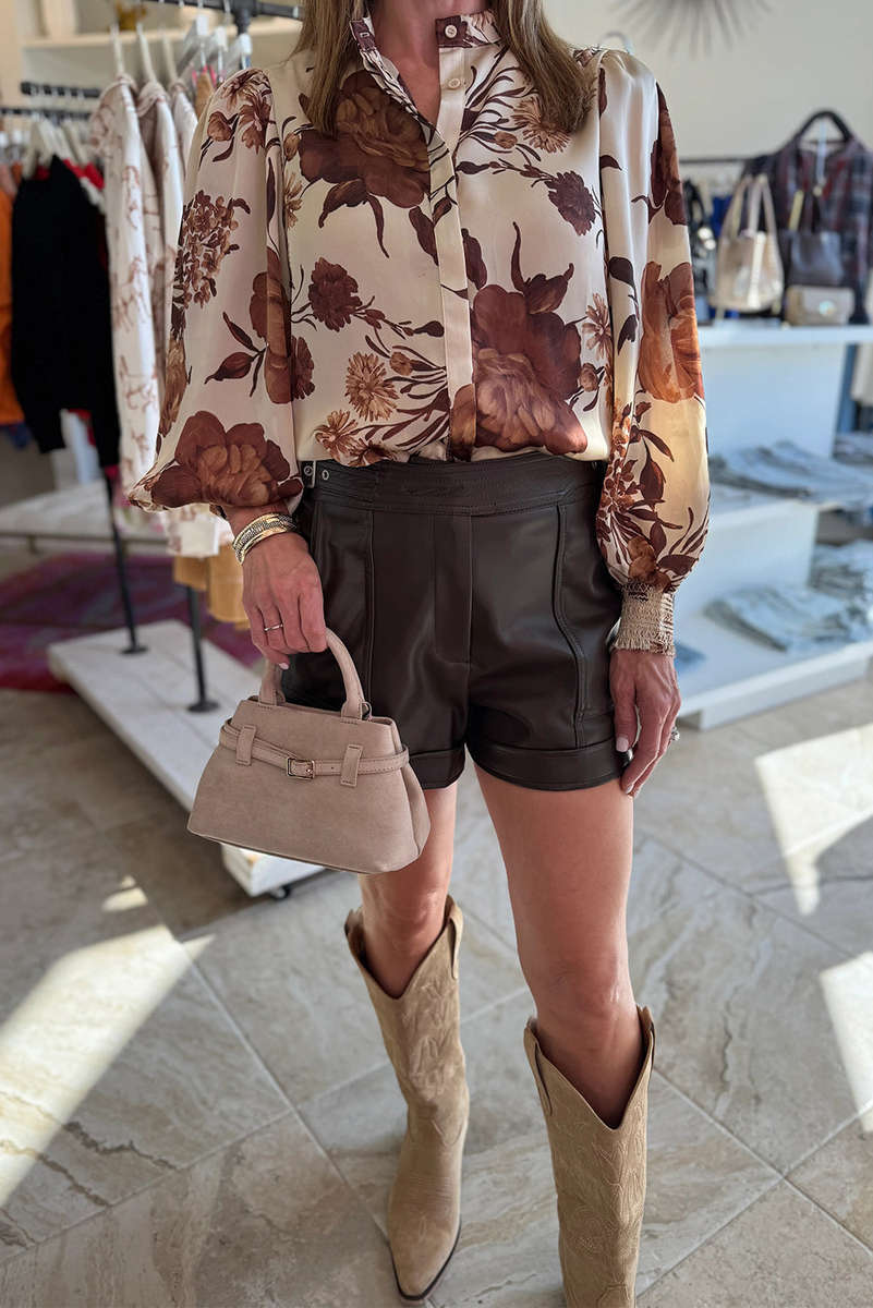 Brown Floral Print Button Down Poet Sleeve Shirt