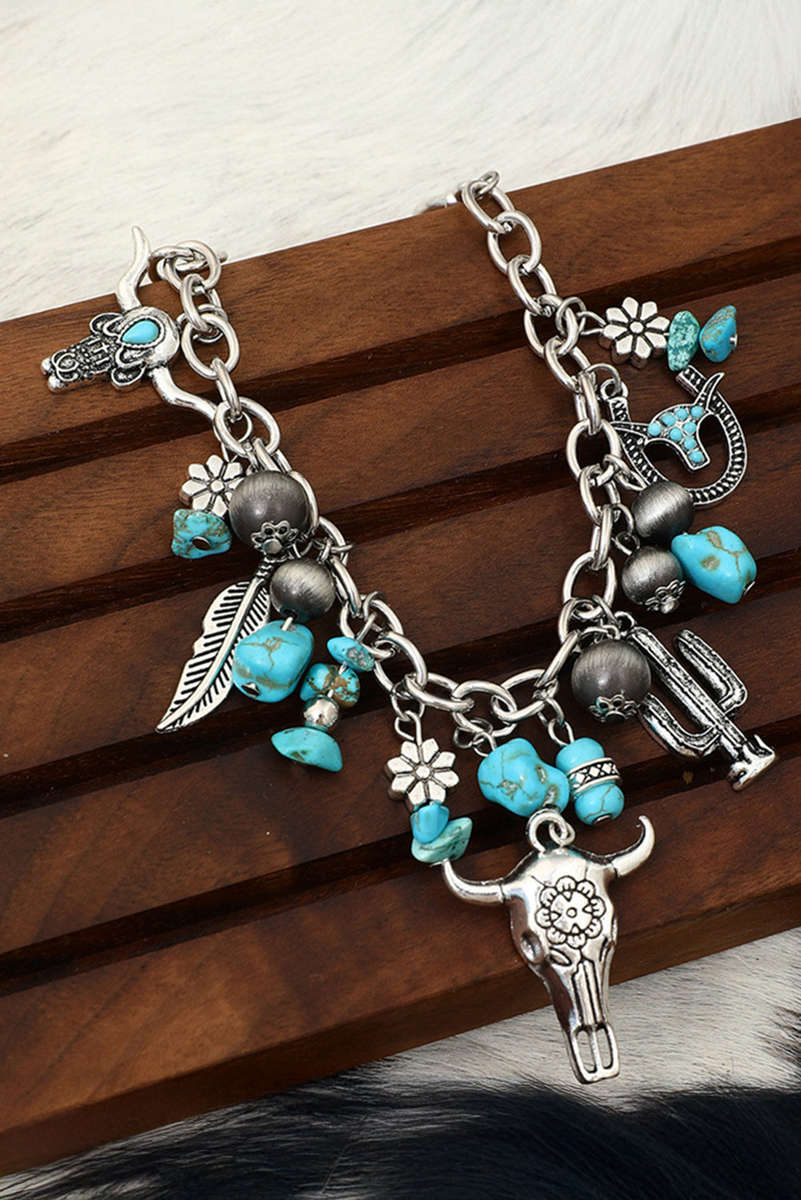 Silvery Western Steer Head Turquoise Charm Alloy Bracelet