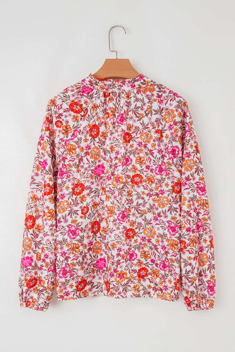 Pink Floral Print Tie Split Neck Bracelet Sleeve Blouse