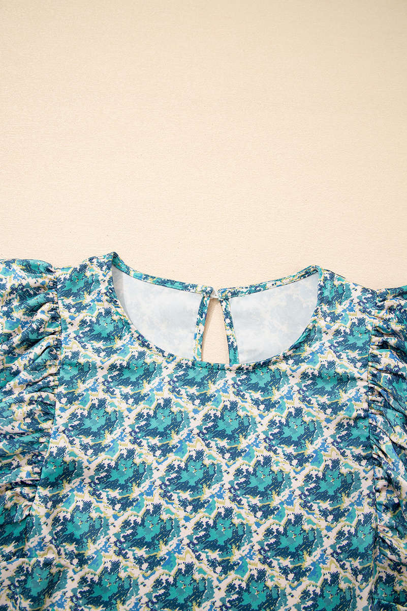 Green Abstract Print Shirred Cuff Puff Sleeve Blouse