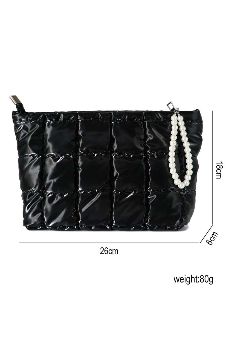 Color black PU Leather Quilted Texture Pearl Chain Zip Makeup Bag