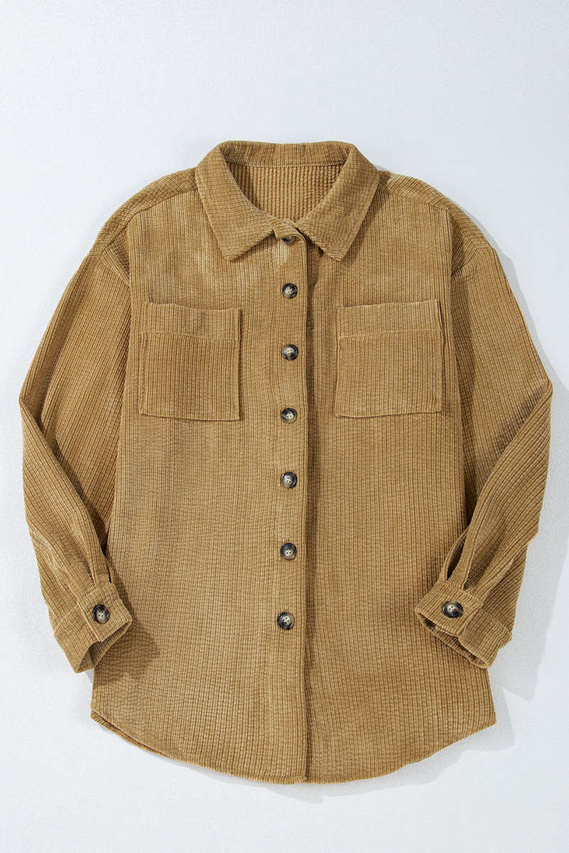 Light French Beige Patched Pocket Button Up Corduroy Shacket