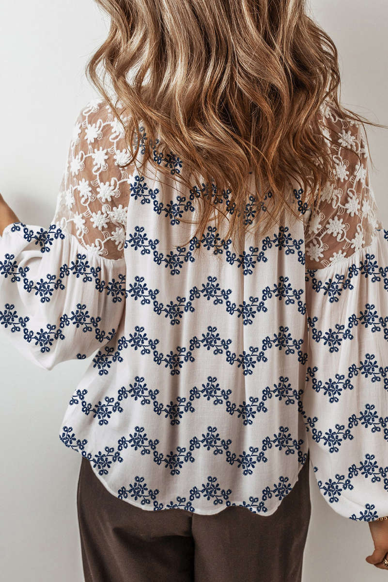 Blue Lace Patchwork Floral Bubble Sleeve V Split Neck Blouse