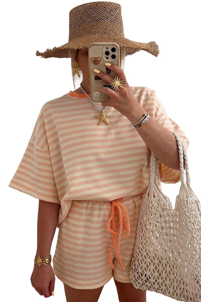 Pink Stripe Contrast Neck Loose Tee and Drawstring Shorts Set