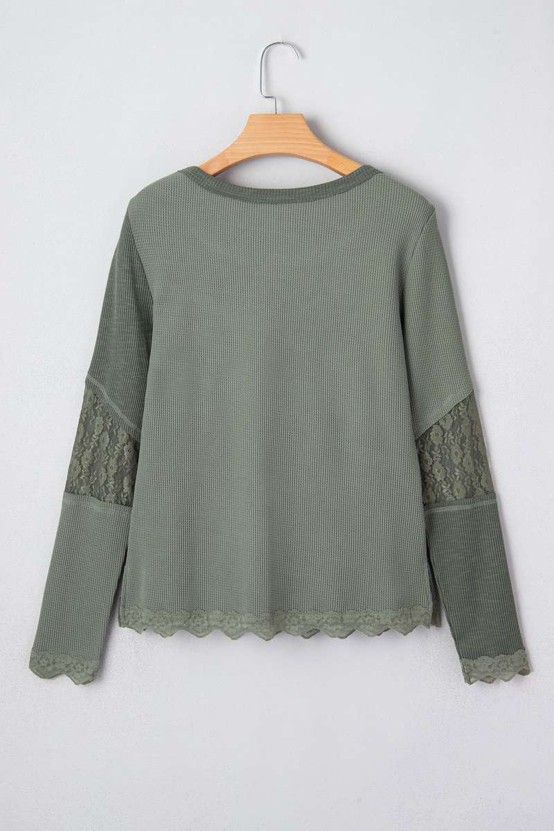 Sage Green Solid Color Waffle Ribbed Lace Patchwork Long Sleeve Top