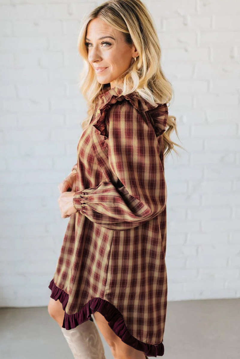 Red Plaid Print Ruffled Long Sleeve Patchwork Hem Mini Shirt Dress