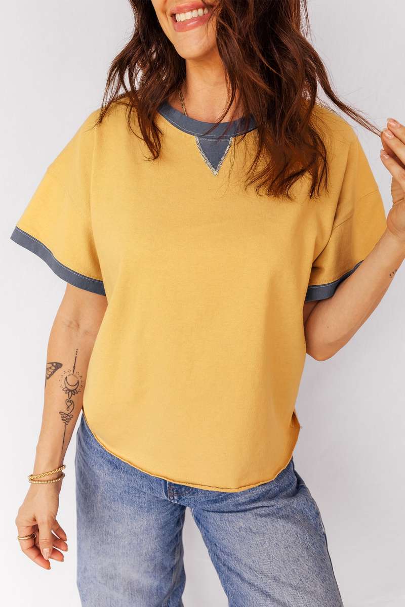 Banana Cream Contrast Trim Raw Hemline Short Sleeve Loose Top