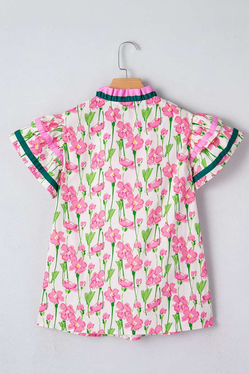 Pink Floral Print Contrast Trim V Neck Double Ruffled Short Sleeve Blouse