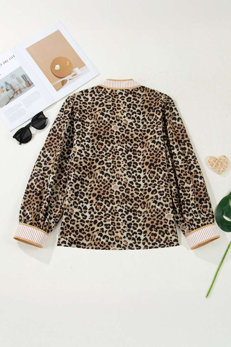 Khaki Contrast Striped Trim V Neck Leopard Shirt