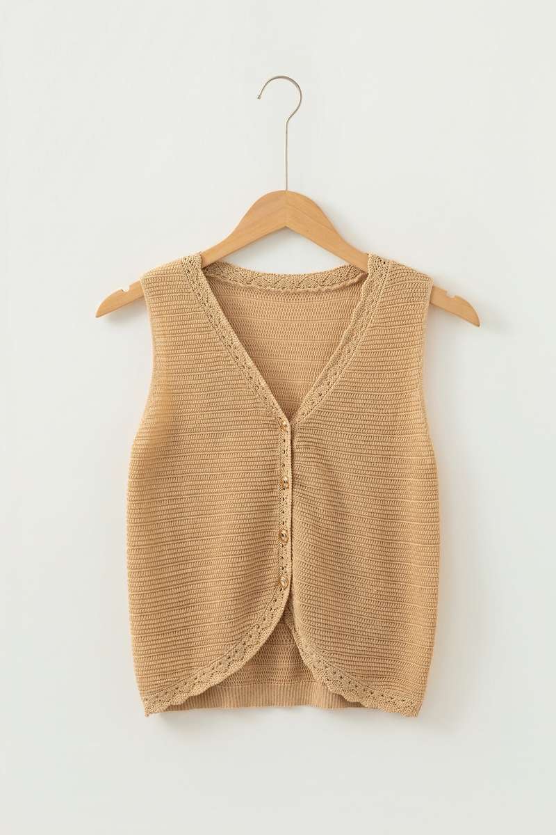 Pale Khaki Hollow out Trim Buttoned Front Boho Sweater Vest