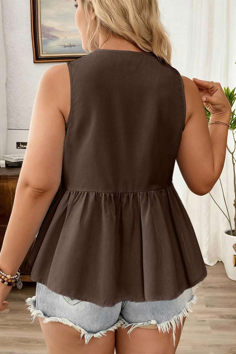 Coffee Plus Size Solid Color Bow Tie Peplum Tank Top