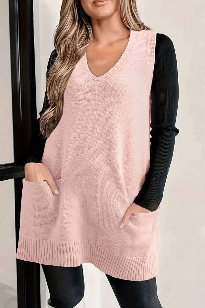 Delicacy Ribbed Deep V Neckline Front Pocketed Loose Tunic Sweater Vest