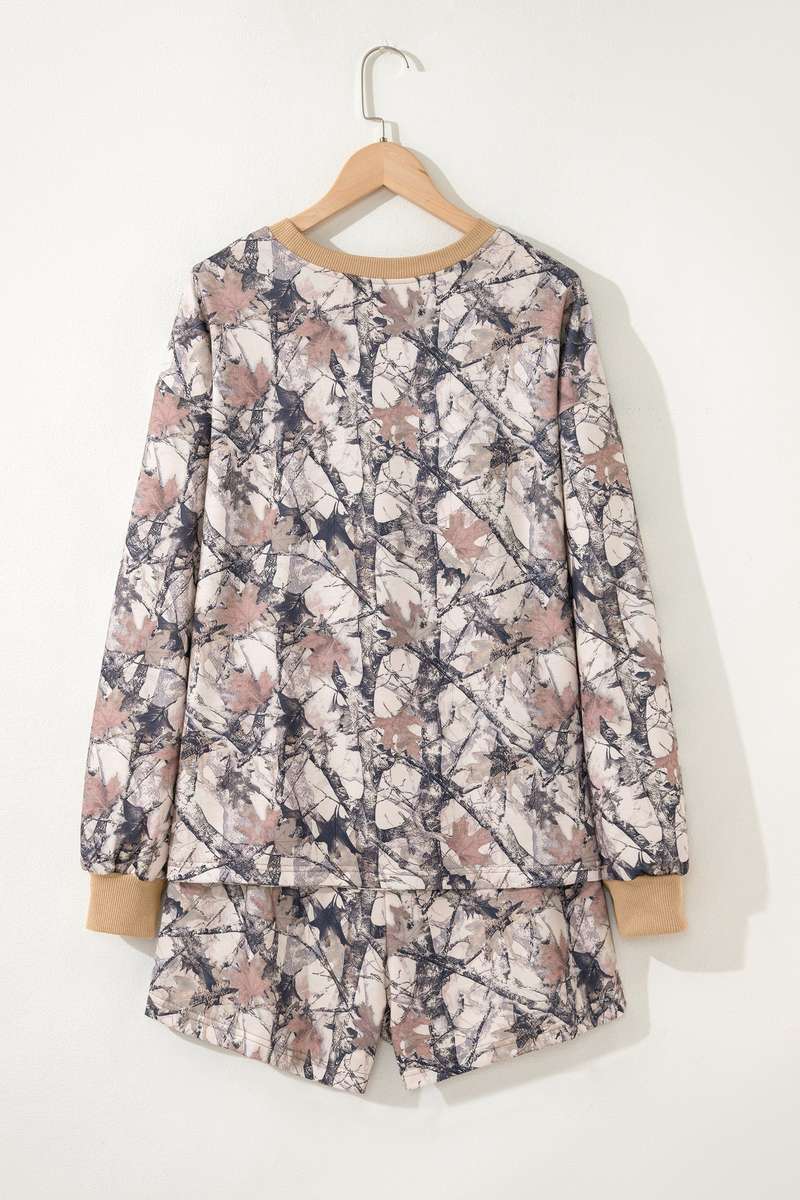 Khaki Woodland Camo Print Long Sleeve Top Casual Short Set