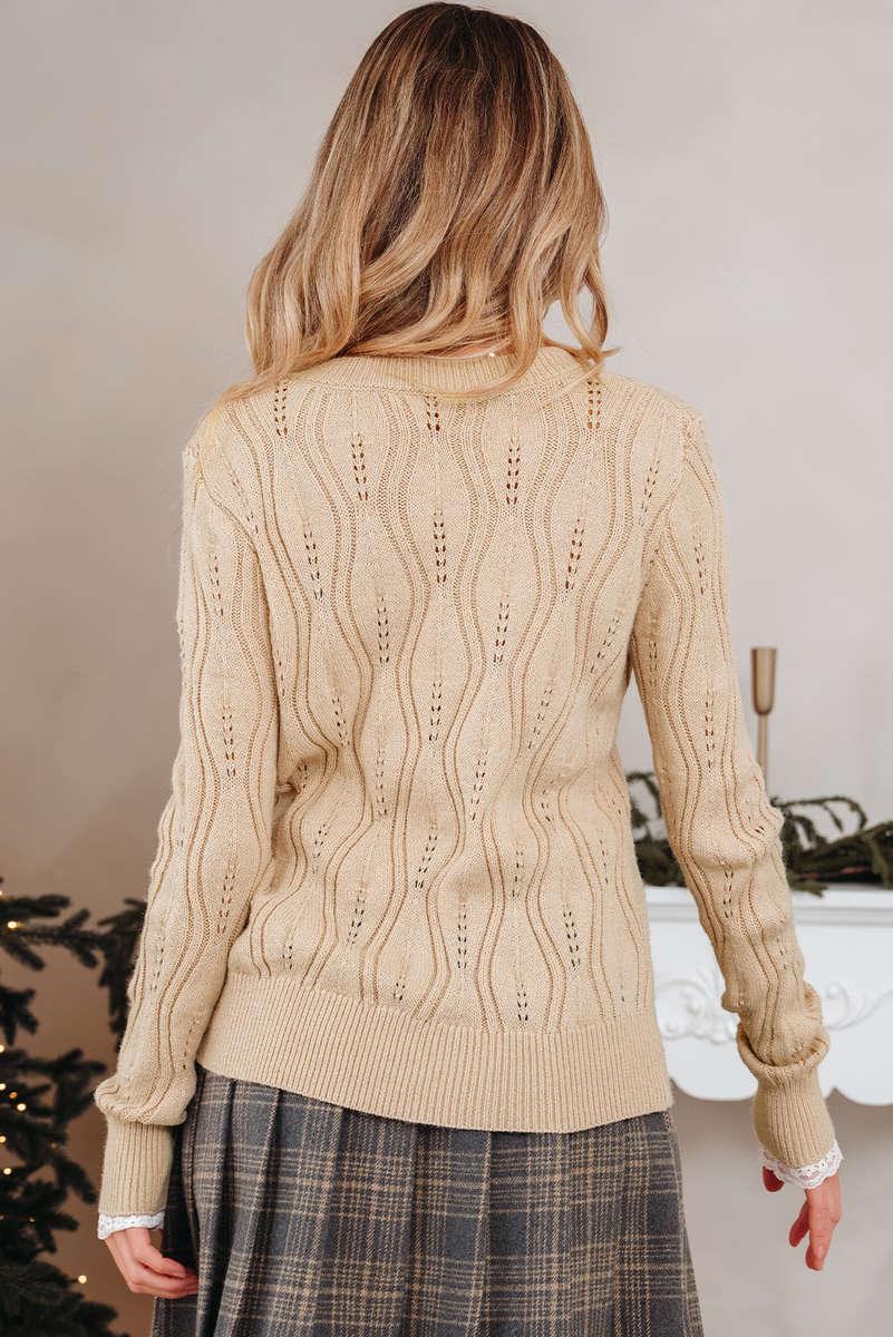 Smoke Gray Pearl Beaded Pointelle Knit V Neck Lace Patchwork Sleeve Sweater