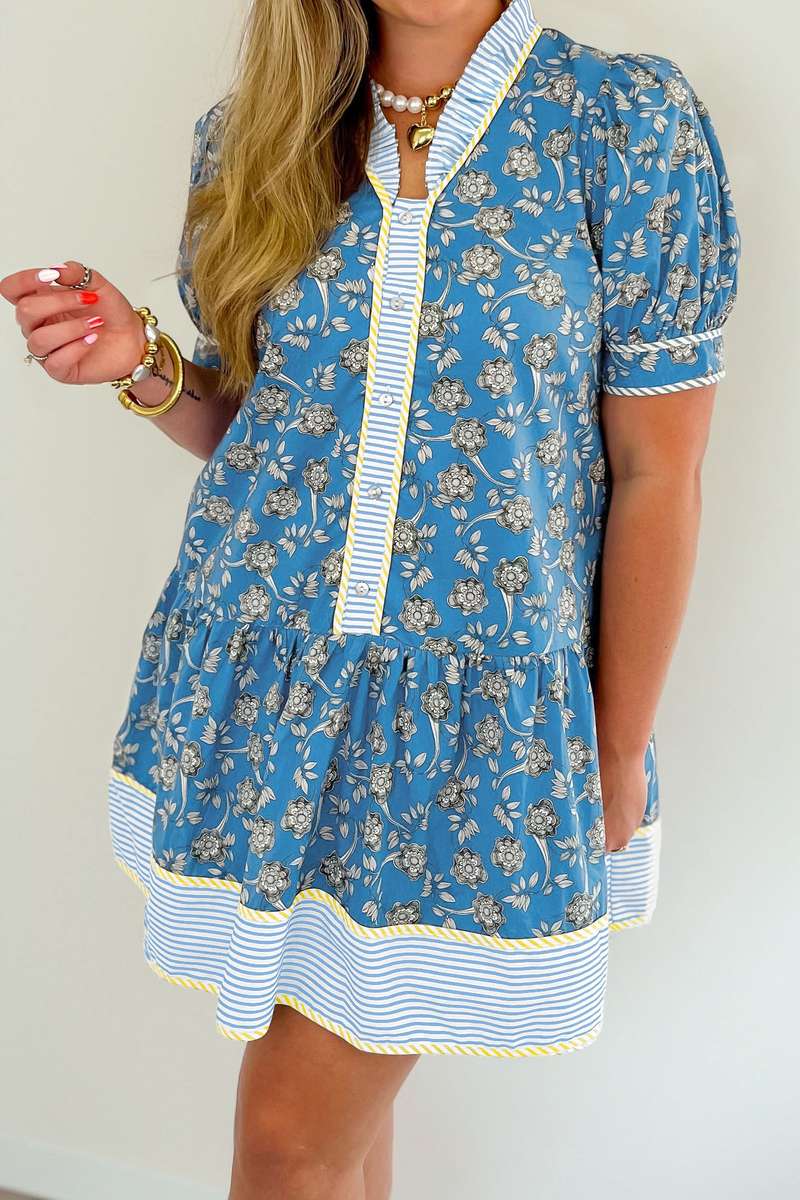 Blue Plus Size Floral Print Striped Patchwork Detail Button Front Ruffle Hem Dress