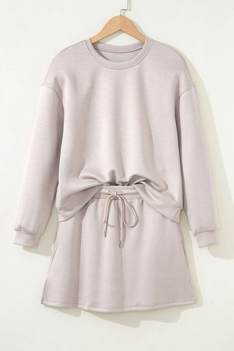 Jet Stream Solid Color Drop Shoulder Pullover Drawstring Mini Skirt 2pcs Outfit