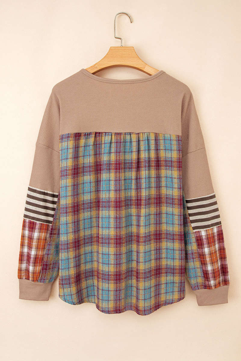 Straw Yellow Waffle Stripe Plaid Patchwork Henley Knit Top