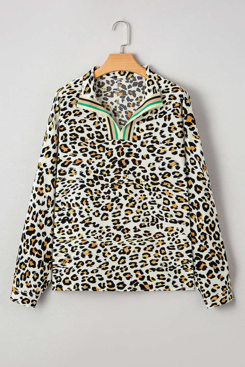 Khaki Leopard Print Contrast Striped V Neck Blouse