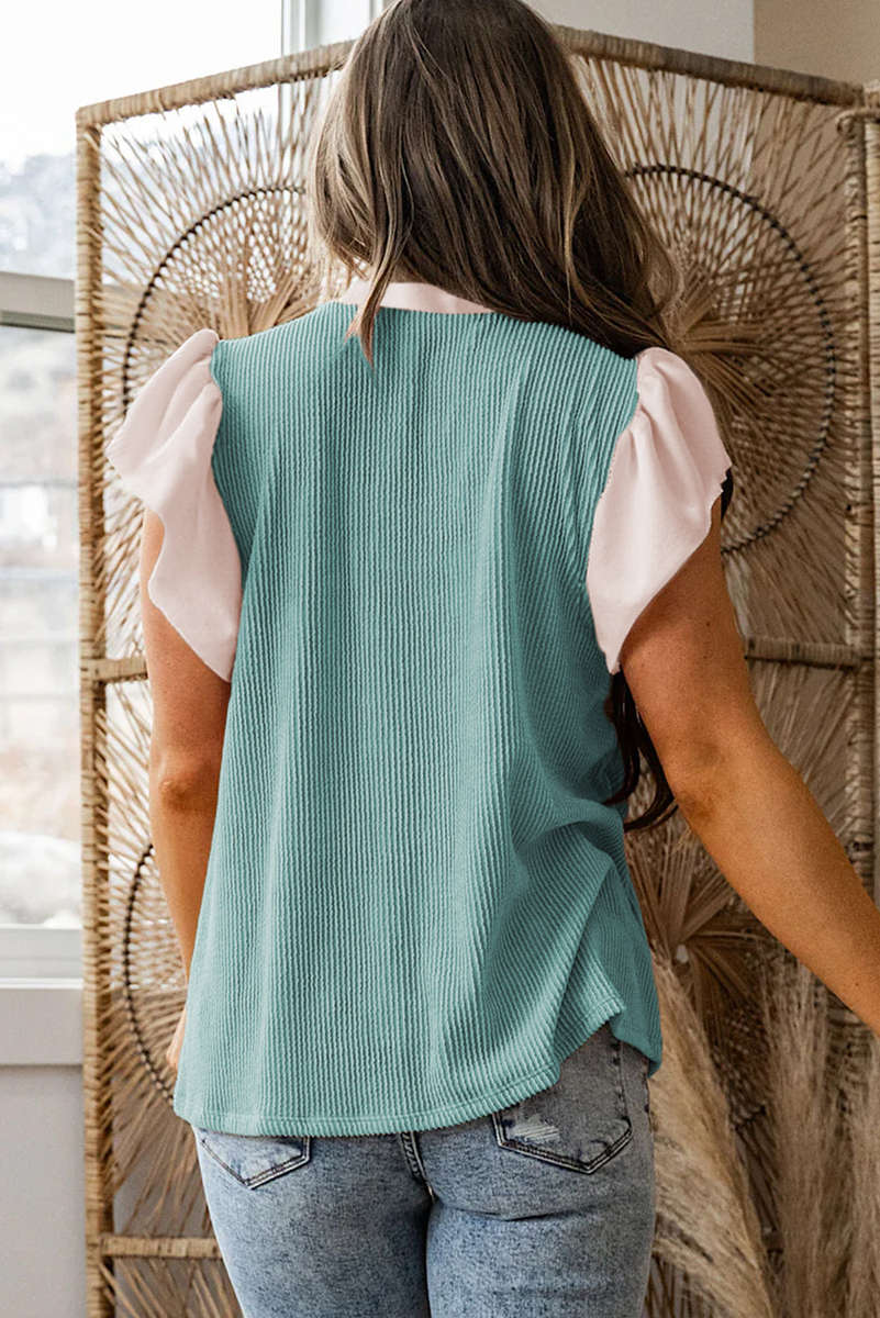 Light Blue Plus Size Contrast Frilled Neckline Ruffled Short Sleeve Ribbed Textured Blouse