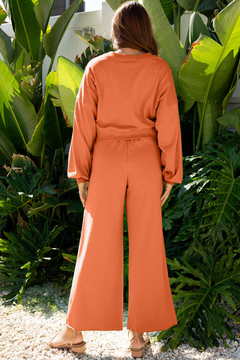 Flamingo Drop Shoulder Puff Sleeve Crop Pullover Drawstring Wide Leg Pants Set